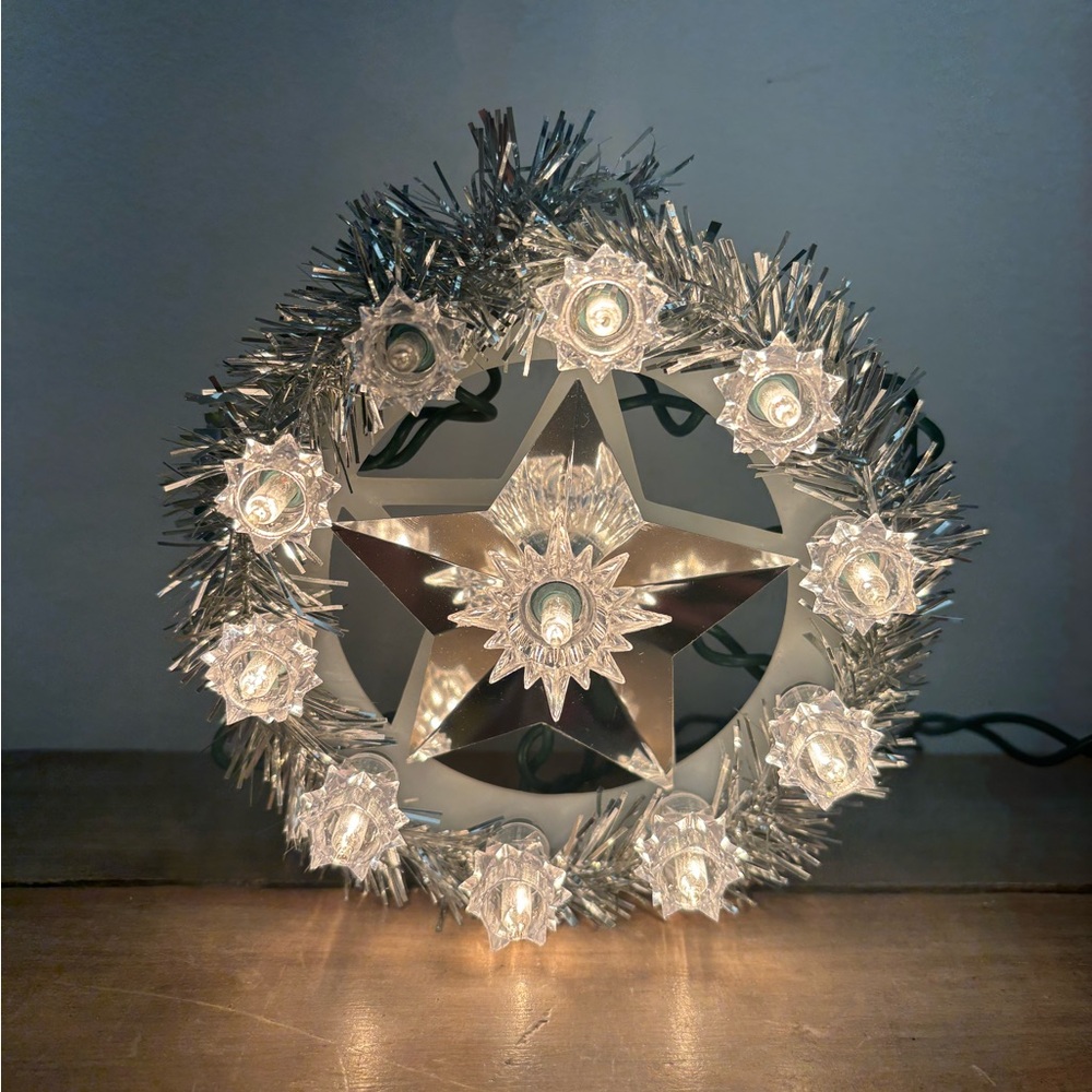 Vintage Christmas Tree Topper Silver Jewel & Tinsel Star 11 Lights